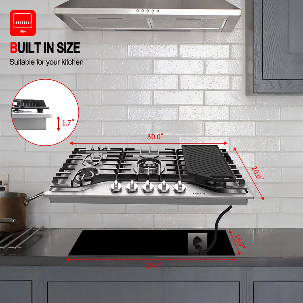 30" 5 Burners Gas Cooktop with Reversible Cast Iron Grill/Griddle R6480