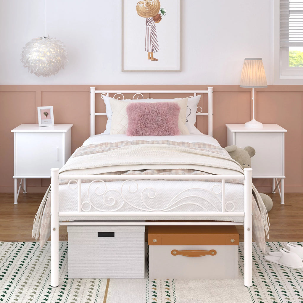White Metal Twin Size Platform Bed Frame with Wave Headboard K187679