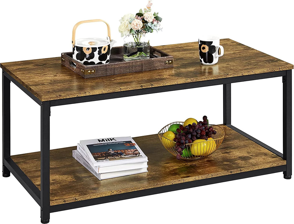 2-Tier Wood Coffee Table with Storage Shelf Metal Frame P9551