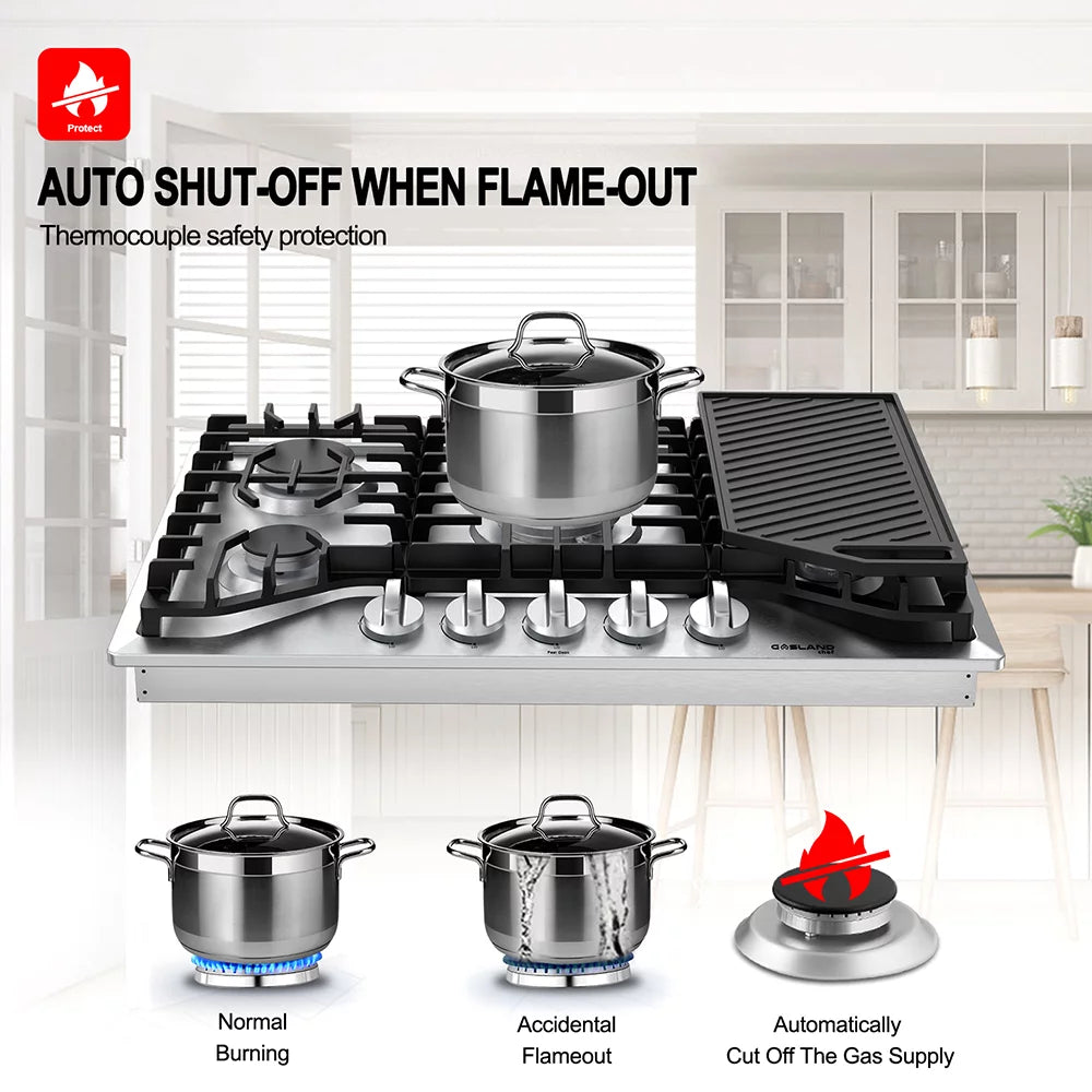 30" 5 Burners Gas Cooktop with Reversible Cast Iron Grill/Griddle R6480