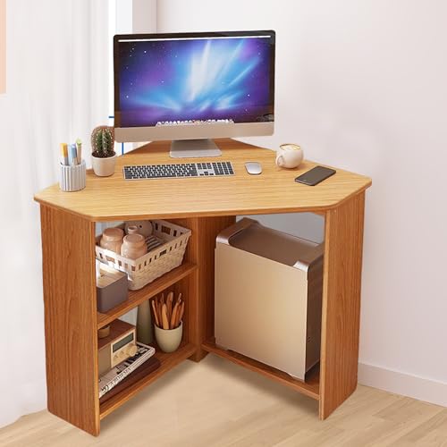 Light Brown Corner Desk with Drawers and Open Shelves D7011