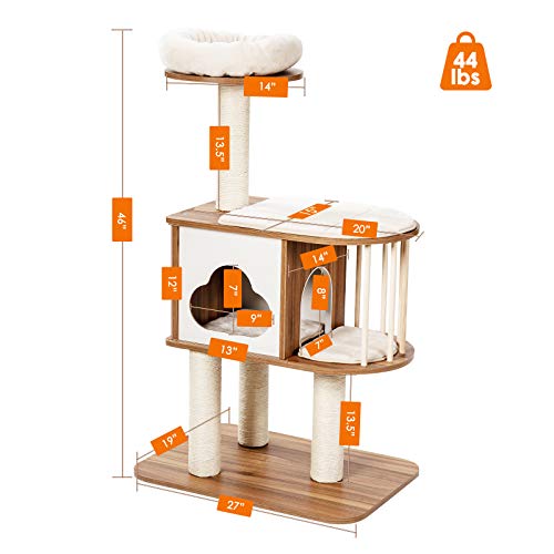 Light Grey Wood Cat Tree with Scratching Posts and Washable Cushions A709