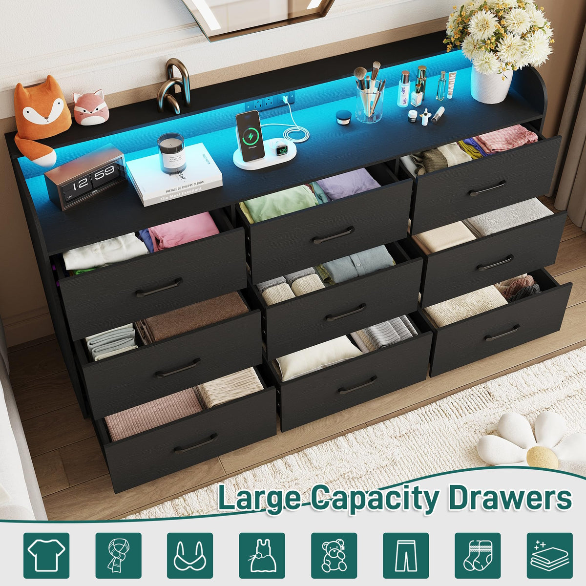 Black 9 Drawer Wood Dresser with Power Outlet and LED Lights Y723296