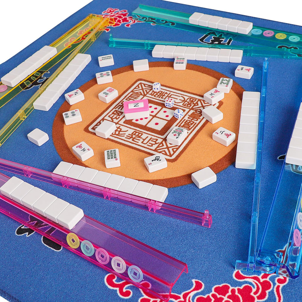 American Mahjong Game Set, 166 White Tiles, 4 Color Rack/Pushers, Blue Carrying Bag Y2776