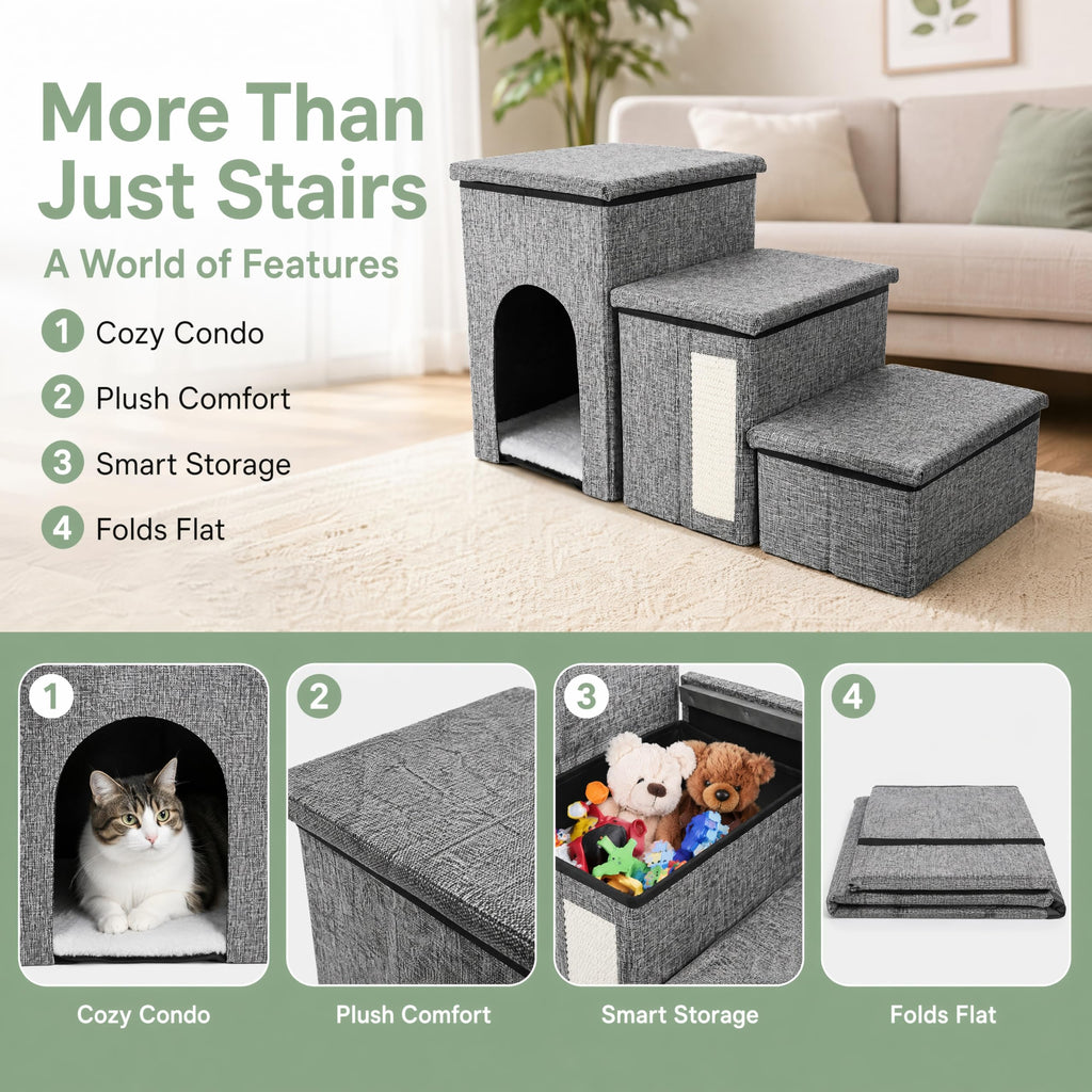 3 Tiers Foldable Dog Stairs with Storage J338803