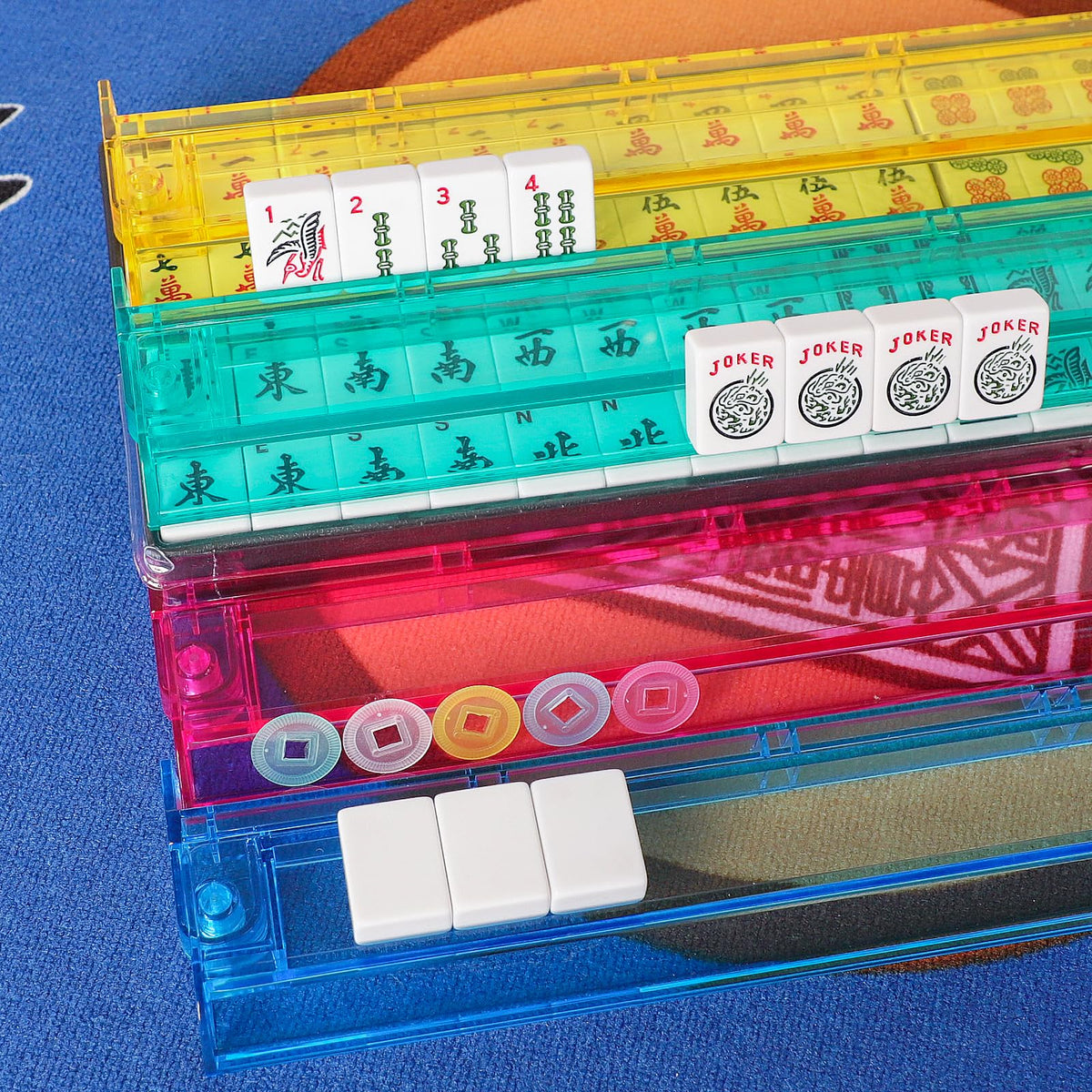 American Mahjong Game Set, 166 White Tiles, 4 Color Rack/Pushers, Blue Carrying Bag Y2776