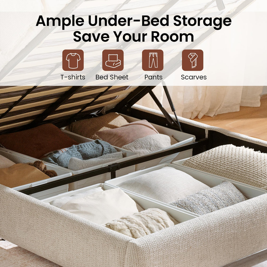 Queen Lift Up Storage Bed Frame with Adjustable Headboard, Beige E166307