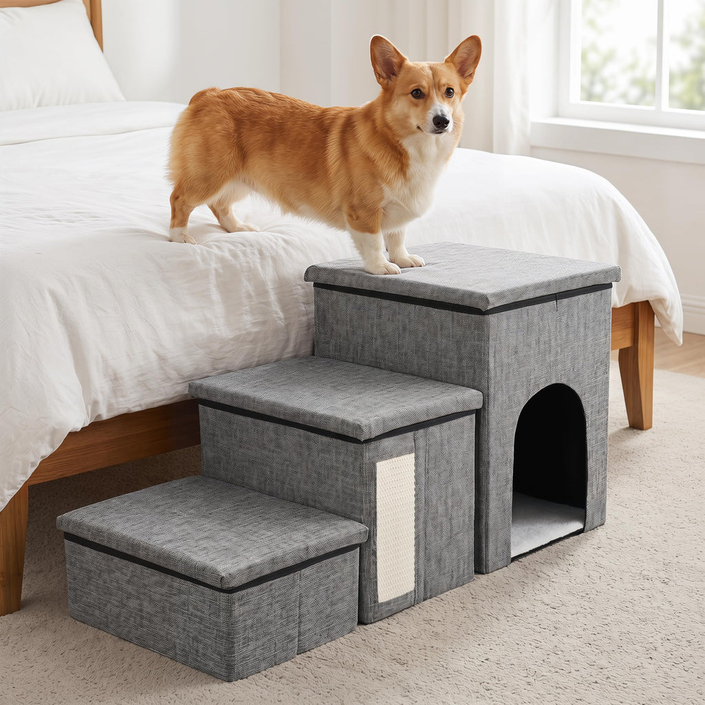 3 Tiers Foldable Dog Stairs with Storage J338803