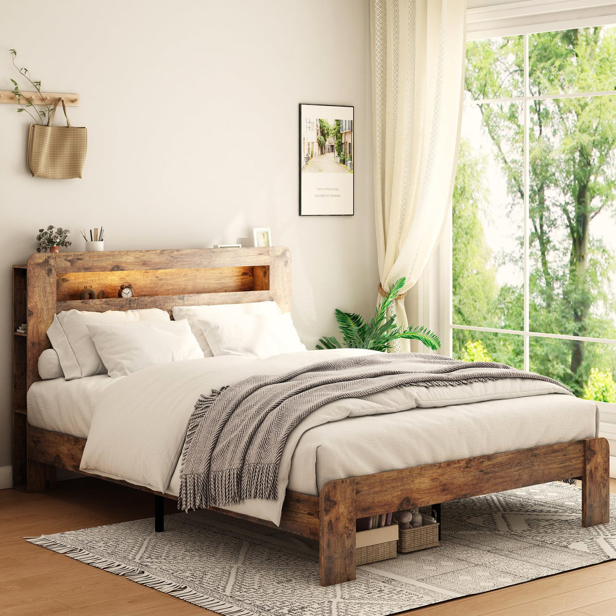 Full Size Dark Brown Wood Platform Bed Frame with Storage I63530