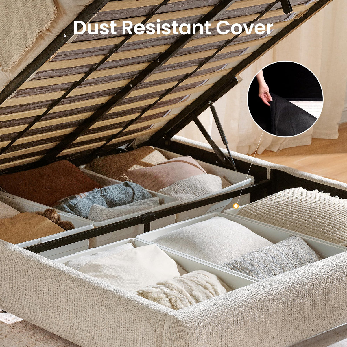 Queen Lift Up Storage Bed Frame with Adjustable Headboard, Beige E166307