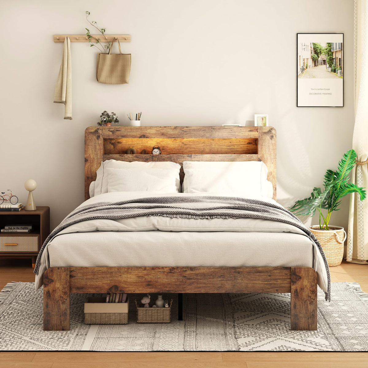 Full Size Dark Brown Wood Platform Bed Frame with Storage I63530