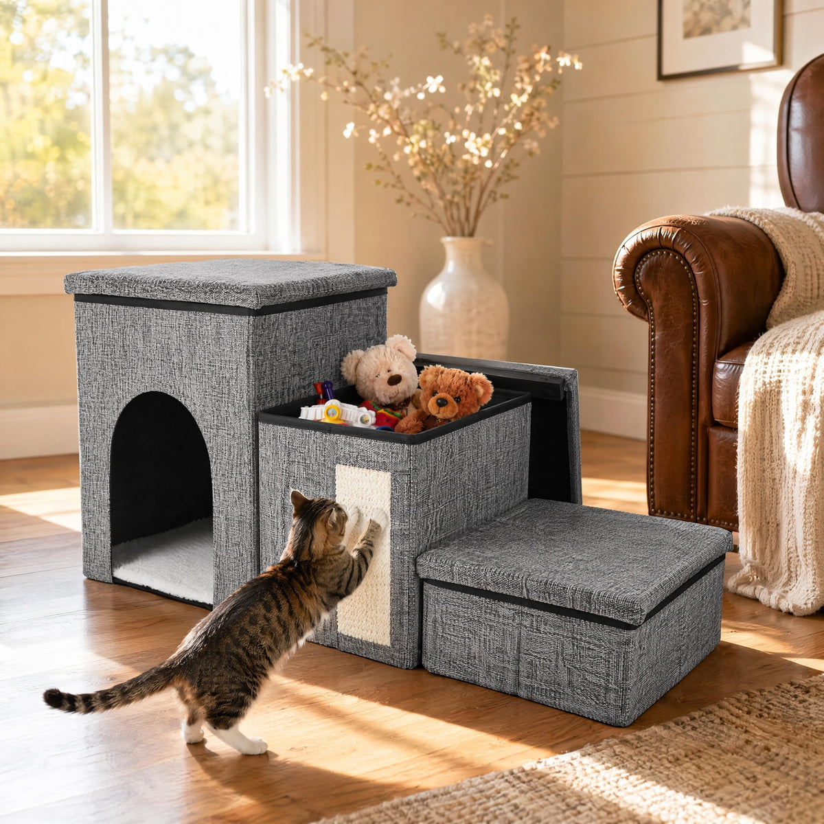 3 Tiers Foldable Dog Stairs with Storage J338803