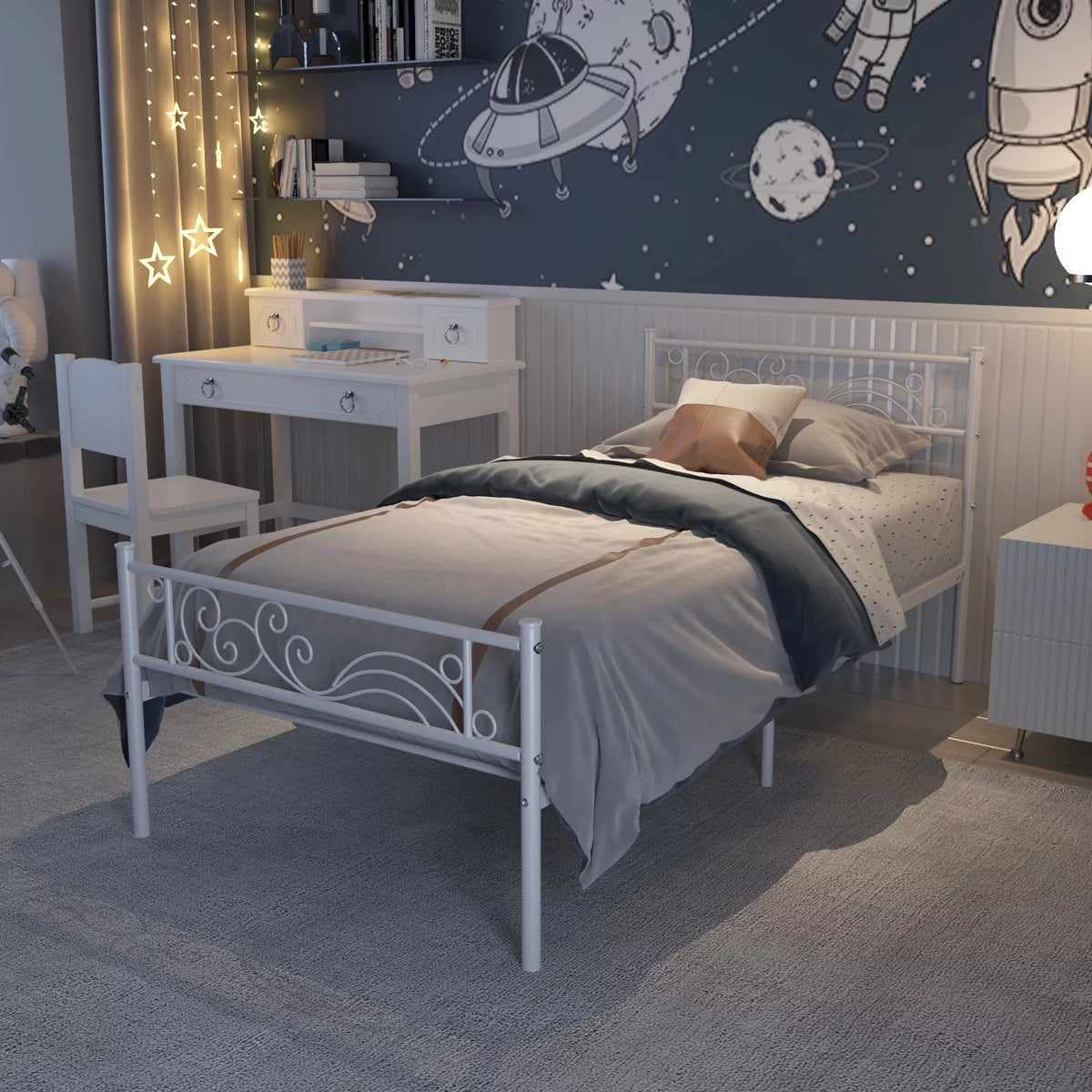 White Metal Twin Size Platform Bed Frame with Wave Headboard K187679