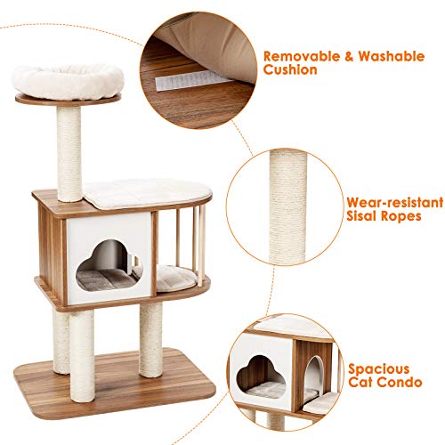 Light Grey Wood Cat Tree with Scratching Posts and Washable Cushions A709