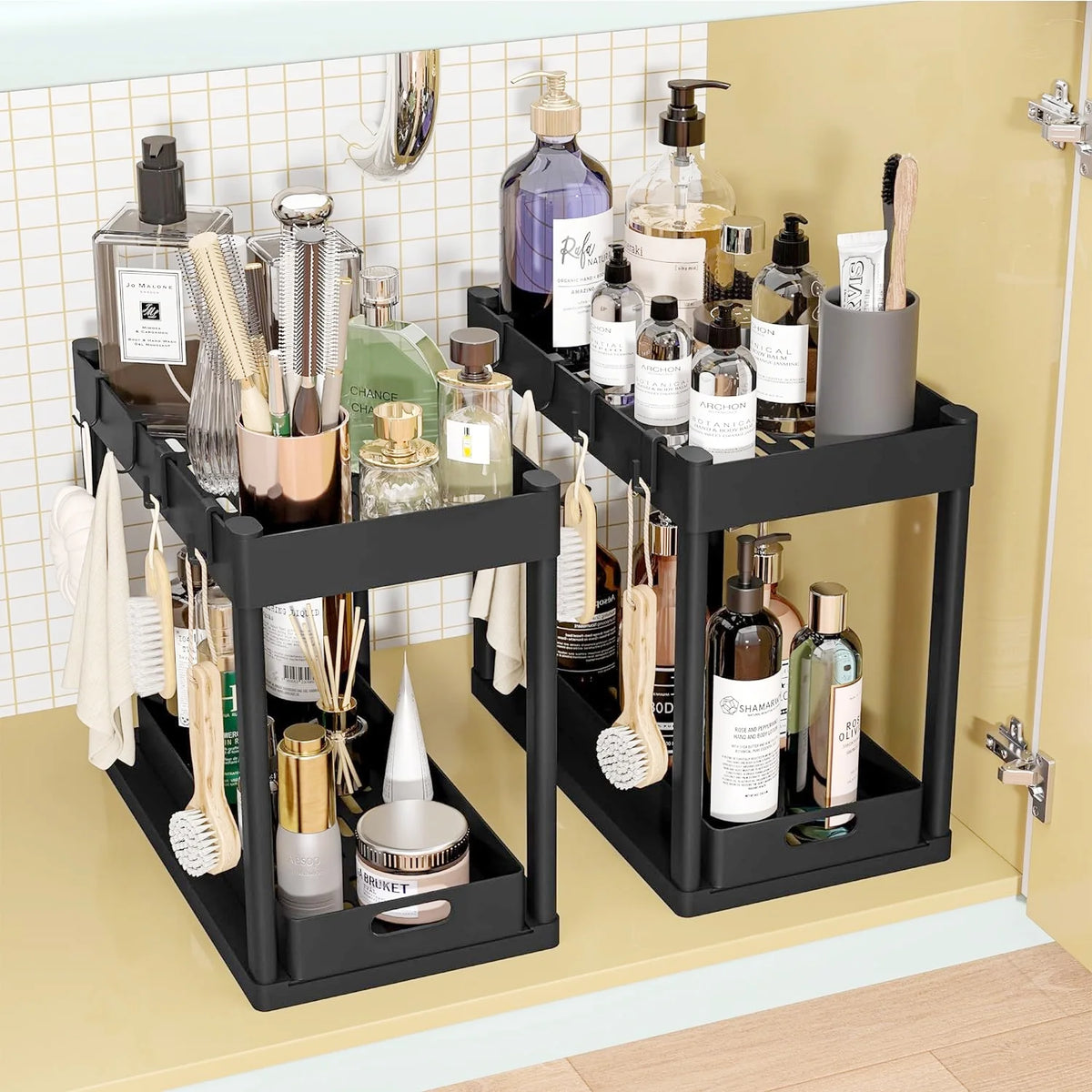 2 Pack 2-Tier Pull Out Under Sink Organizer with Hook & Hanging Cup N22794