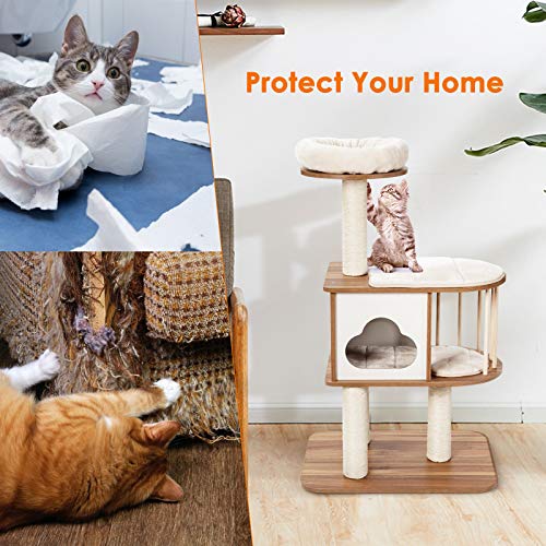 Light Grey Wood Cat Tree with Scratching Posts and Washable Cushions A709