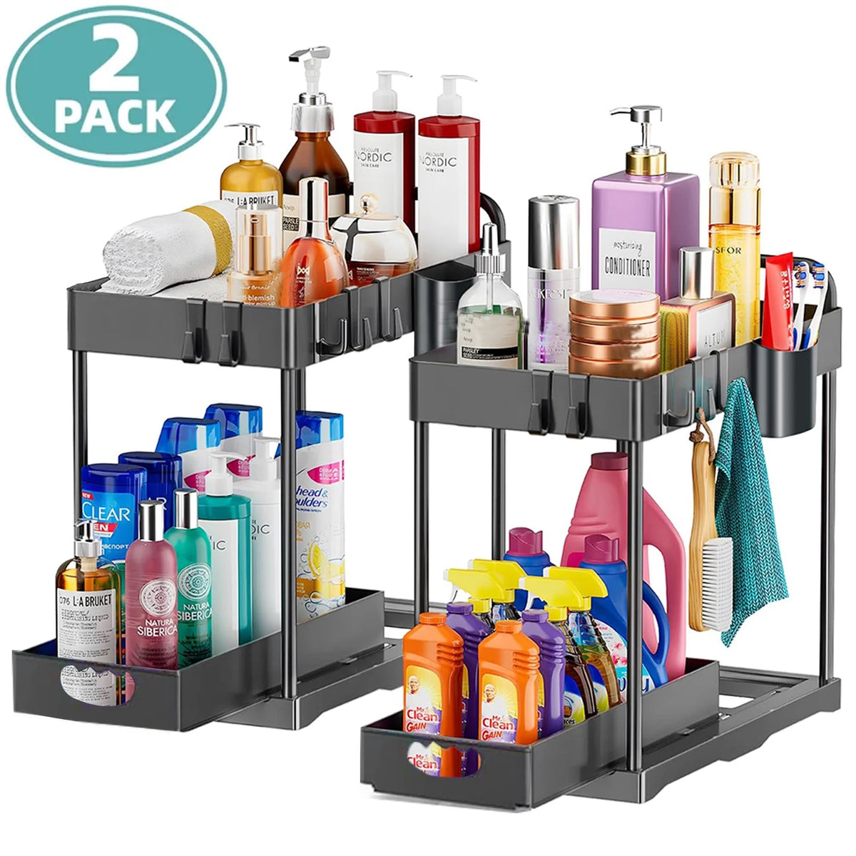 2 Pack 2-Tier Pull Out Under Sink Organizer with Hook & Hanging Cup N22794