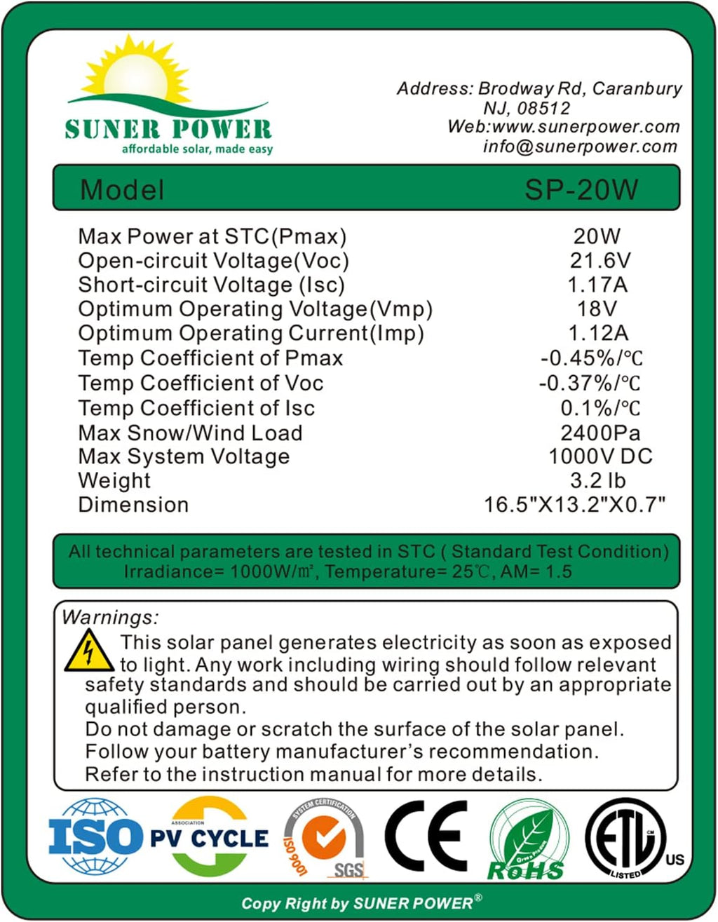 20W Poly Crystalline 12V Solar Panel Kit with 10A Charge Controller and 3-PCS SAE Cable Adapters M9616