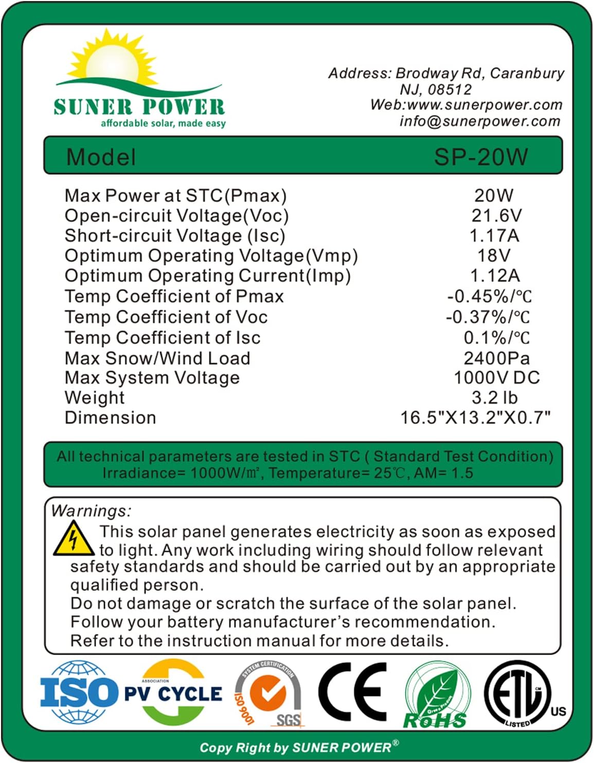 20W Poly Crystalline 12V Solar Panel Kit with 10A Charge Controller and 3-PCS SAE Cable Adapters M9616