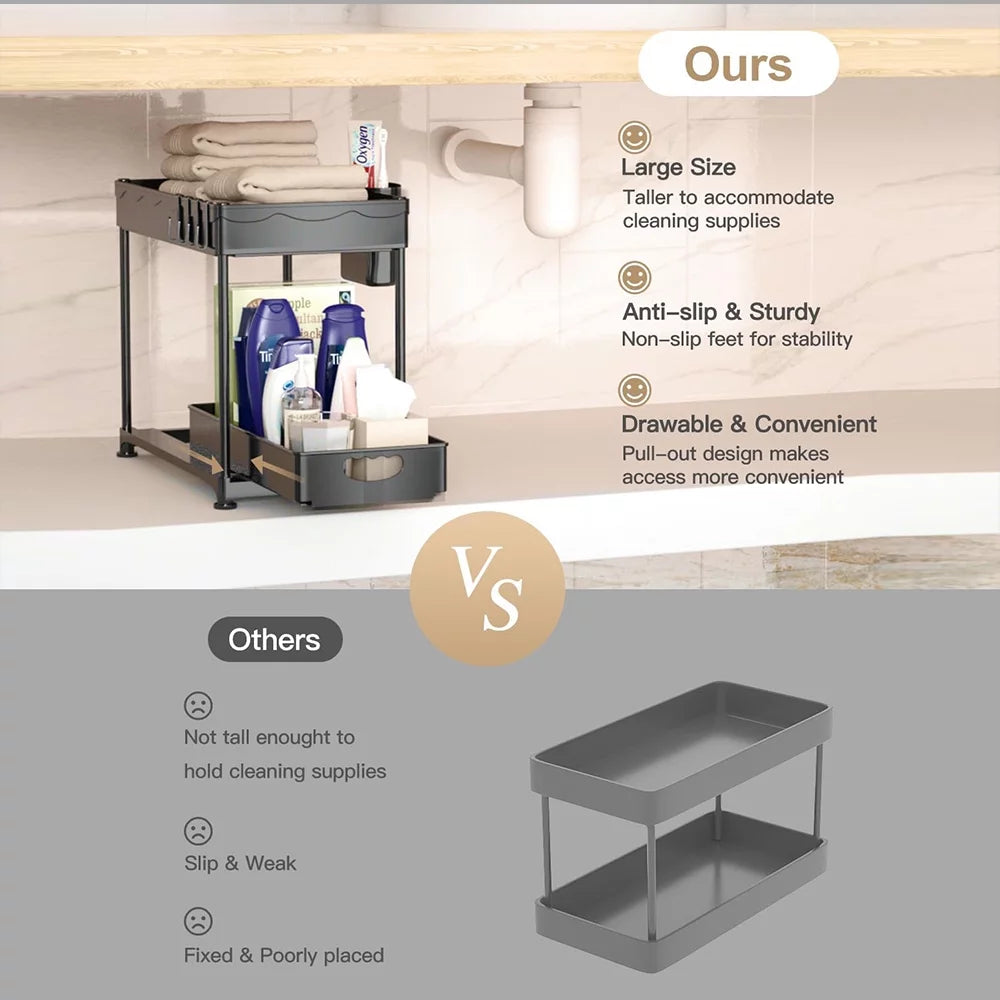 2 Pack 2-Tier Pull Out Under Sink Organizer with Hook & Hanging Cup N22794