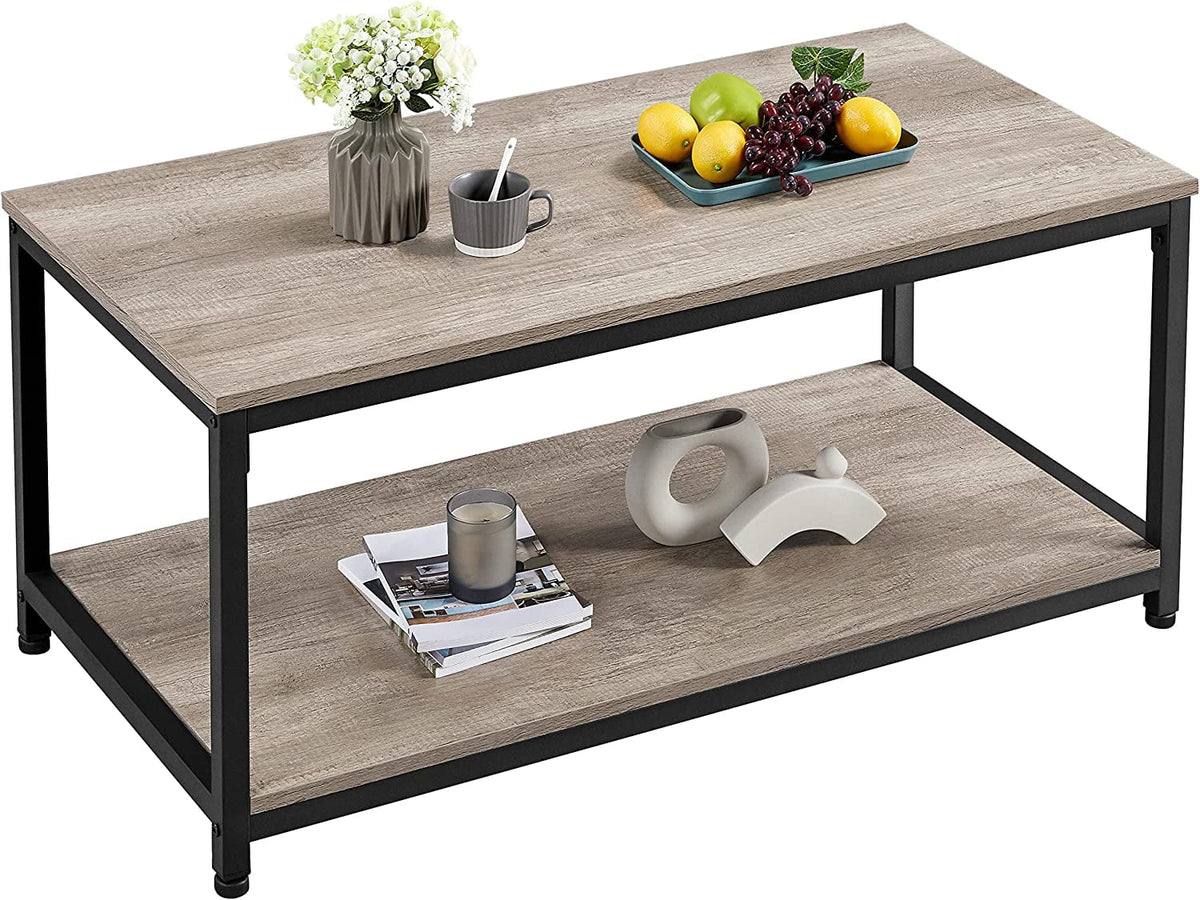 2-Tier Wood Coffee Table with Storage Shelf Metal Frame P9551