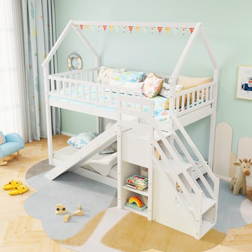 White Wood Bunk Bed Twin Over Twin with Slide & Stairs I4199