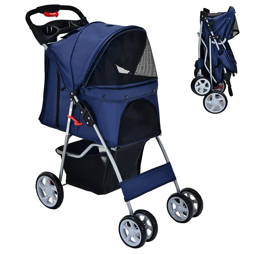 Navy Pet Stroller with 4 Lockable Wheels and Removable Liner V552958
