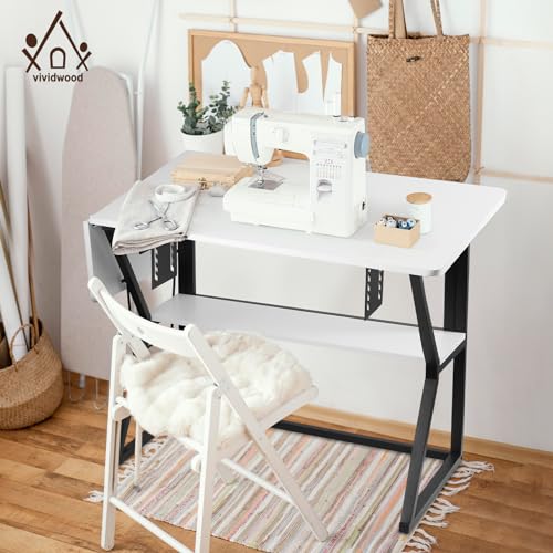 White Large Sewing Machine Table with Storage Shelf N9586