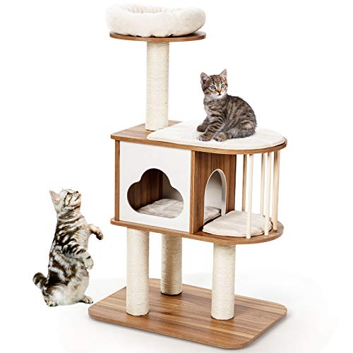 Light Grey Wood Cat Tree with Scratching Posts and Washable Cushions A709
