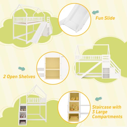 White Wood Bunk Bed Twin Over Twin with Slide & Stairs I4199