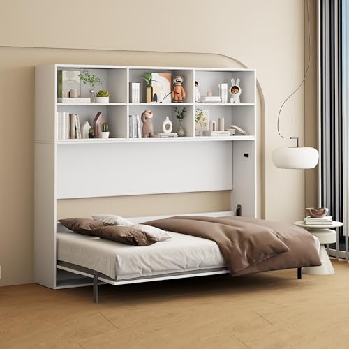 White Full Size Murphy Bed Cabinet with Shelf and Drawers Y900