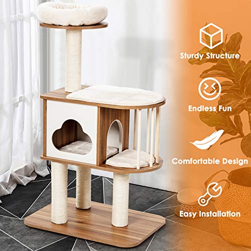 Light Grey Wood Cat Tree with Scratching Posts and Washable Cushions A709