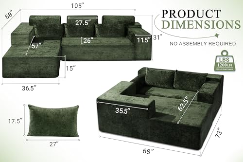 105" L-Shape Modular Sectional Sofa with Deep Seat Grey Velvet K2782