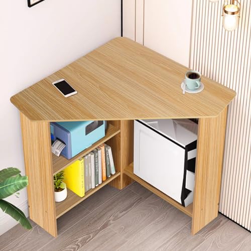 Light Brown Corner Desk with Drawers and Open Shelves D7011