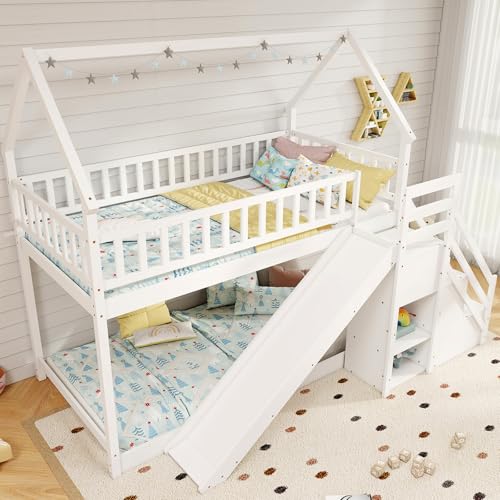 White Wood Bunk Bed Twin Over Twin with Slide & Stairs I4199
