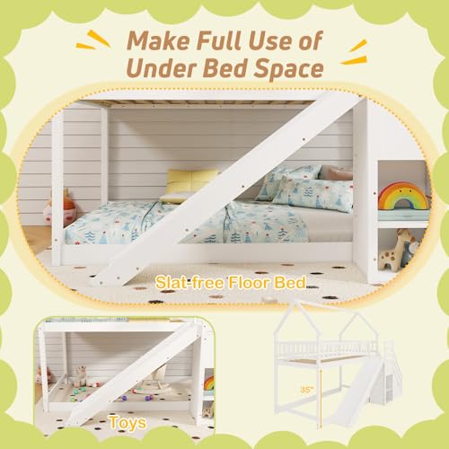 White Wood Bunk Bed Twin Over Twin with Slide & Stairs I4199
