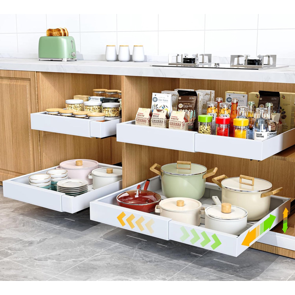 4 Pack Pull Out Cabinet Organizer, 21Deep Slide Out Drawer Organizers, White N3634