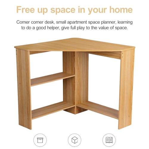 Light Brown Corner Desk with Drawers and Open Shelves D7011