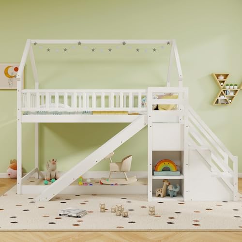 White Wood Bunk Bed Twin Over Twin with Slide & Stairs I4199