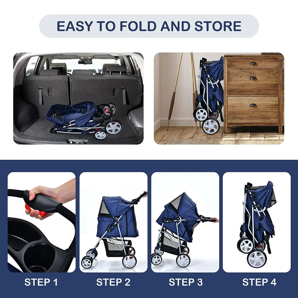 Navy Pet Stroller with 4 Lockable Wheels and Removable Liner V552958