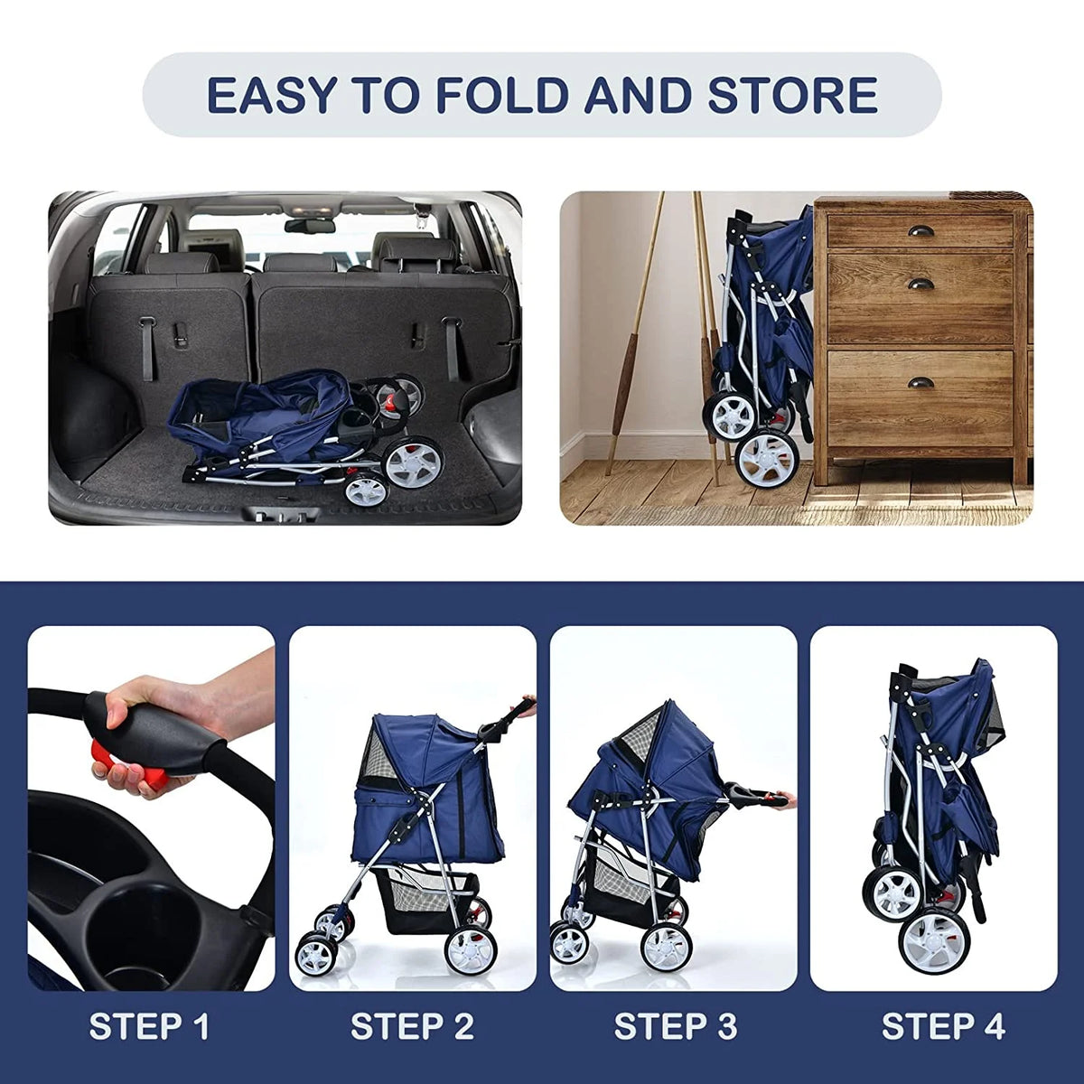Navy Pet Stroller with 4 Lockable Wheels and Removable Liner V552958