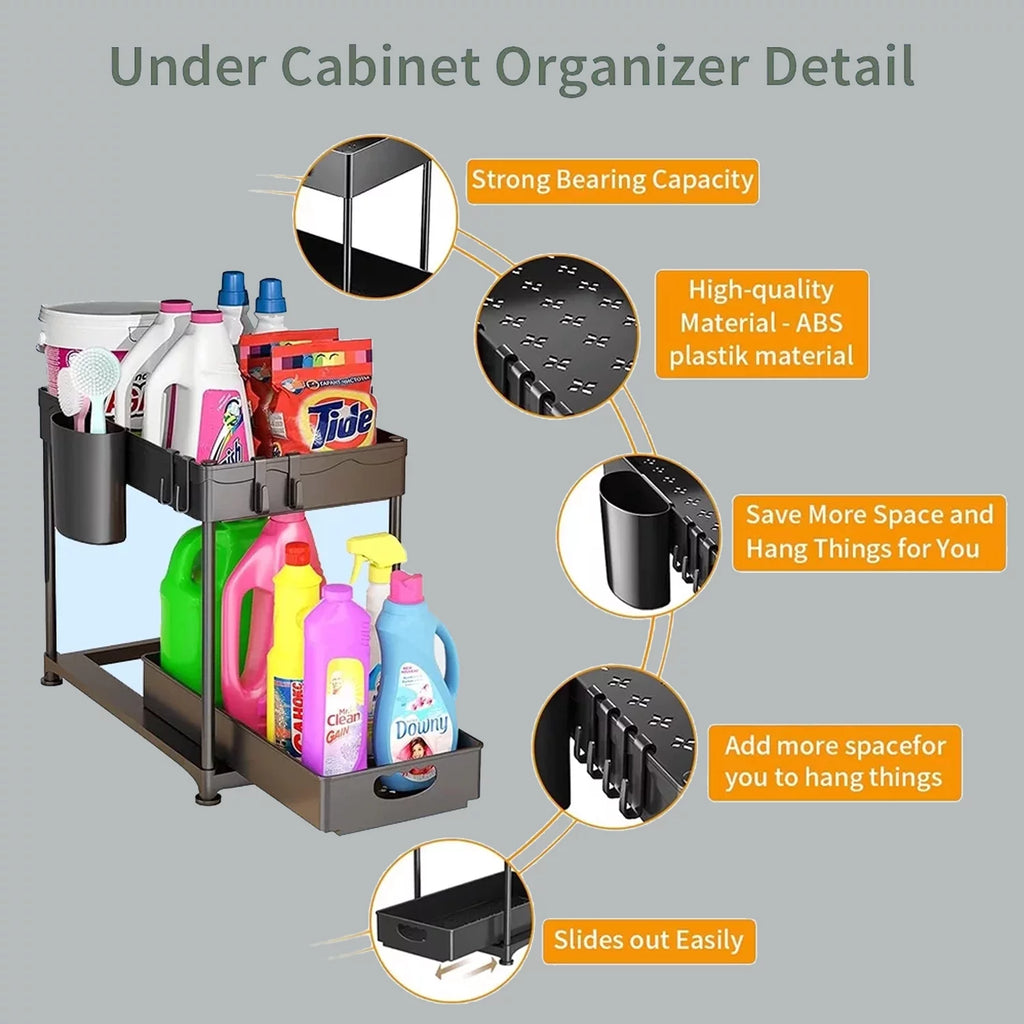 2 Pack 2-Tier Pull Out Under Sink Organizer with Hook & Hanging Cup N22794