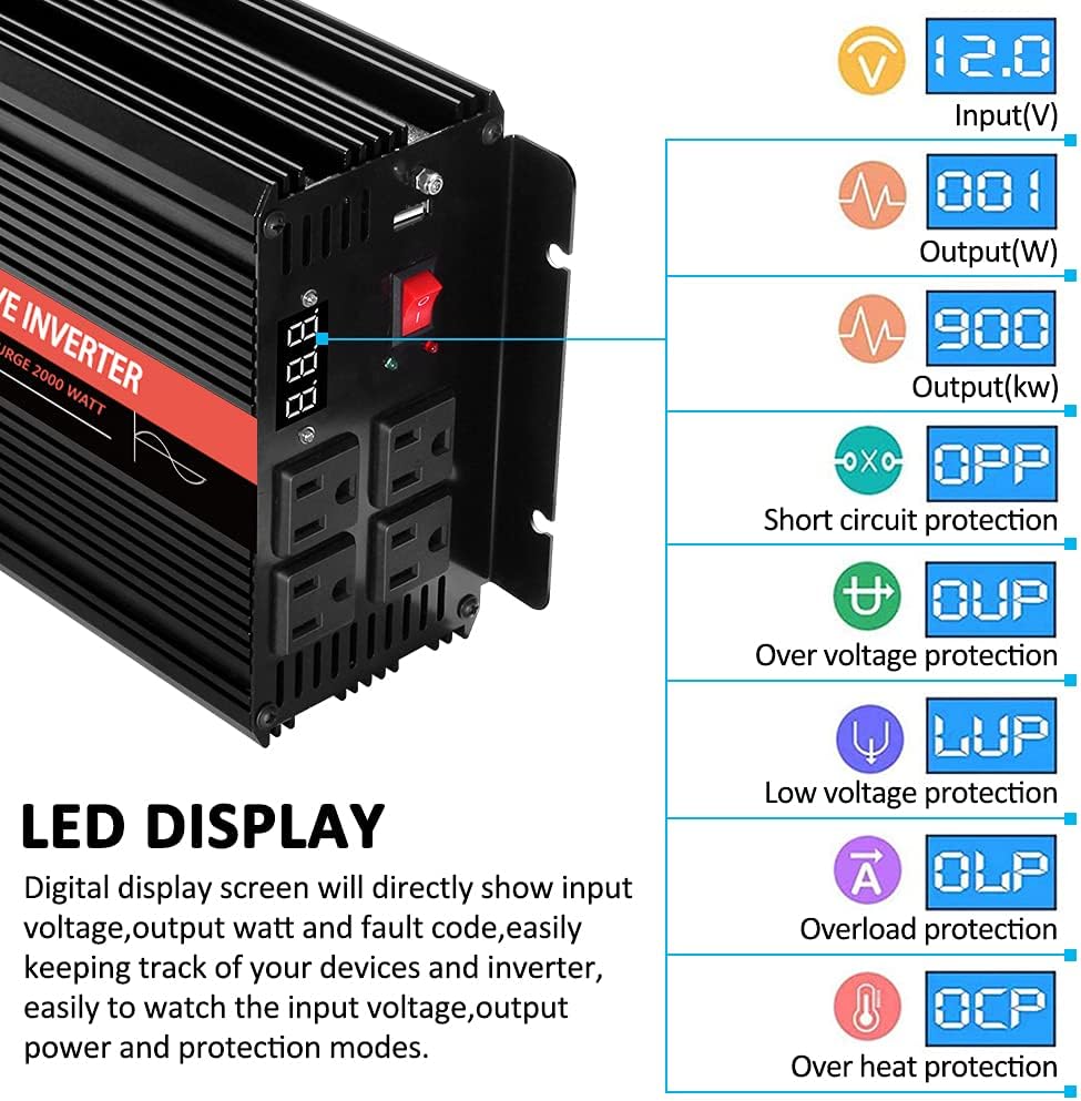 1000 Watt Pure Sine Wave Inverter 12v DC to 110/120v AC with 4 AC and USB Output Q1033