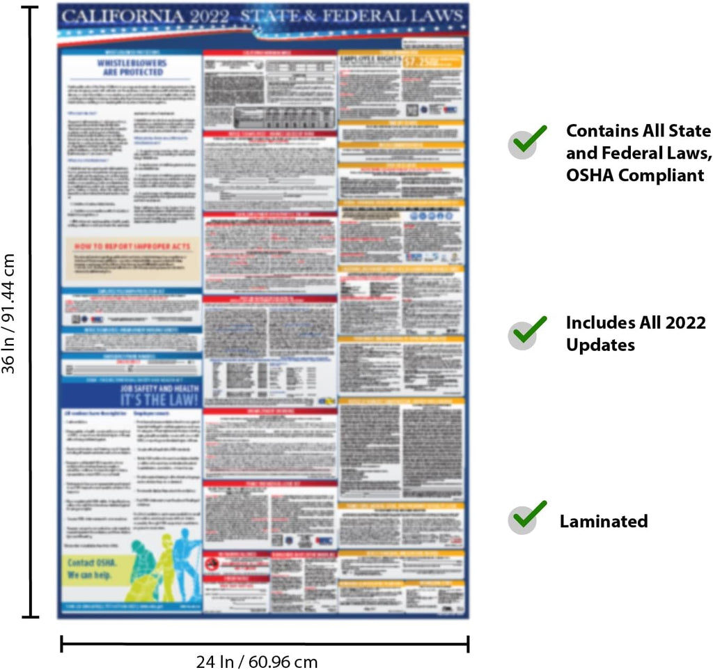 2022 California State and Federal Labor Laws Poster - OSHA Workplace Compliant 24 x 36 - All in One Required Posting (Combo) Pack of 2 B101003