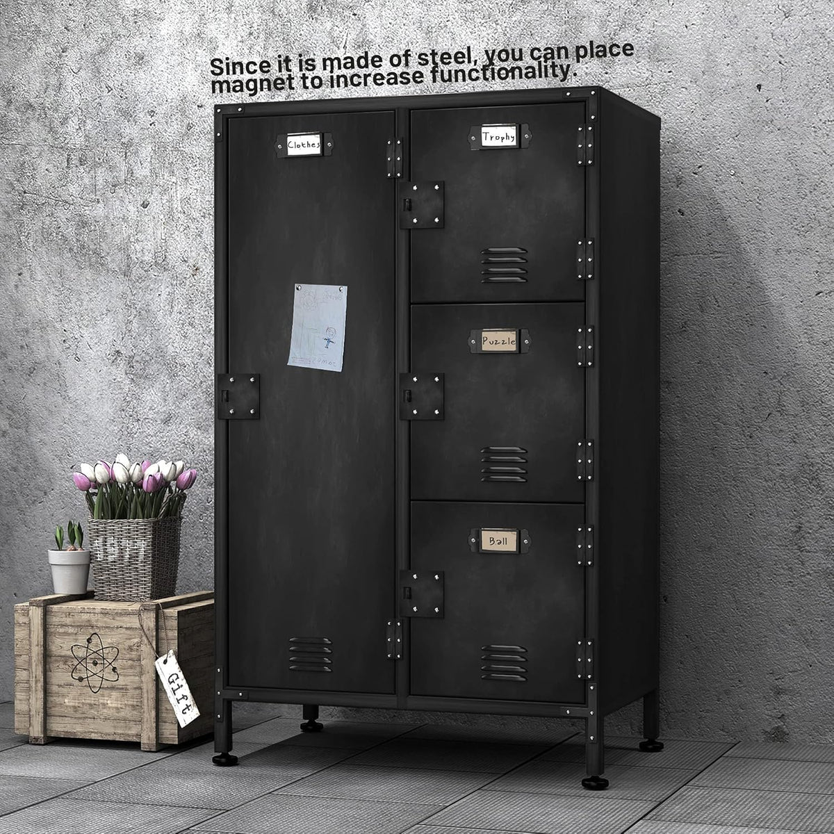 4 Door Lockable Black Metal Storage Cabinet with Shelves E371640