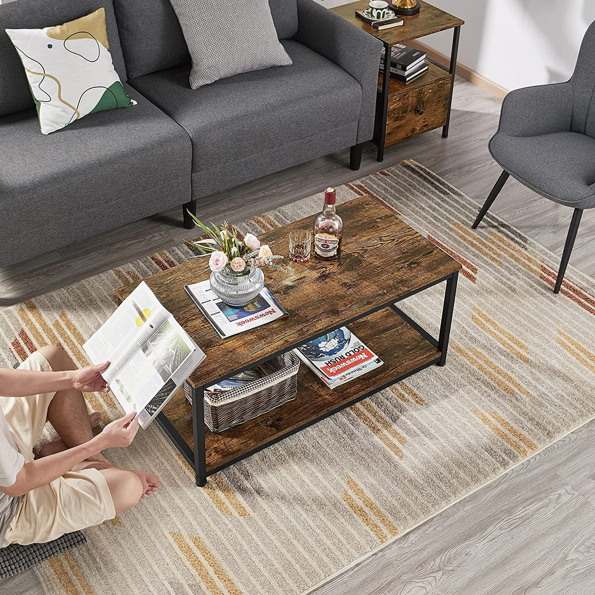 2-Tier Wood Coffee Table with Storage Shelf Metal Frame P9551