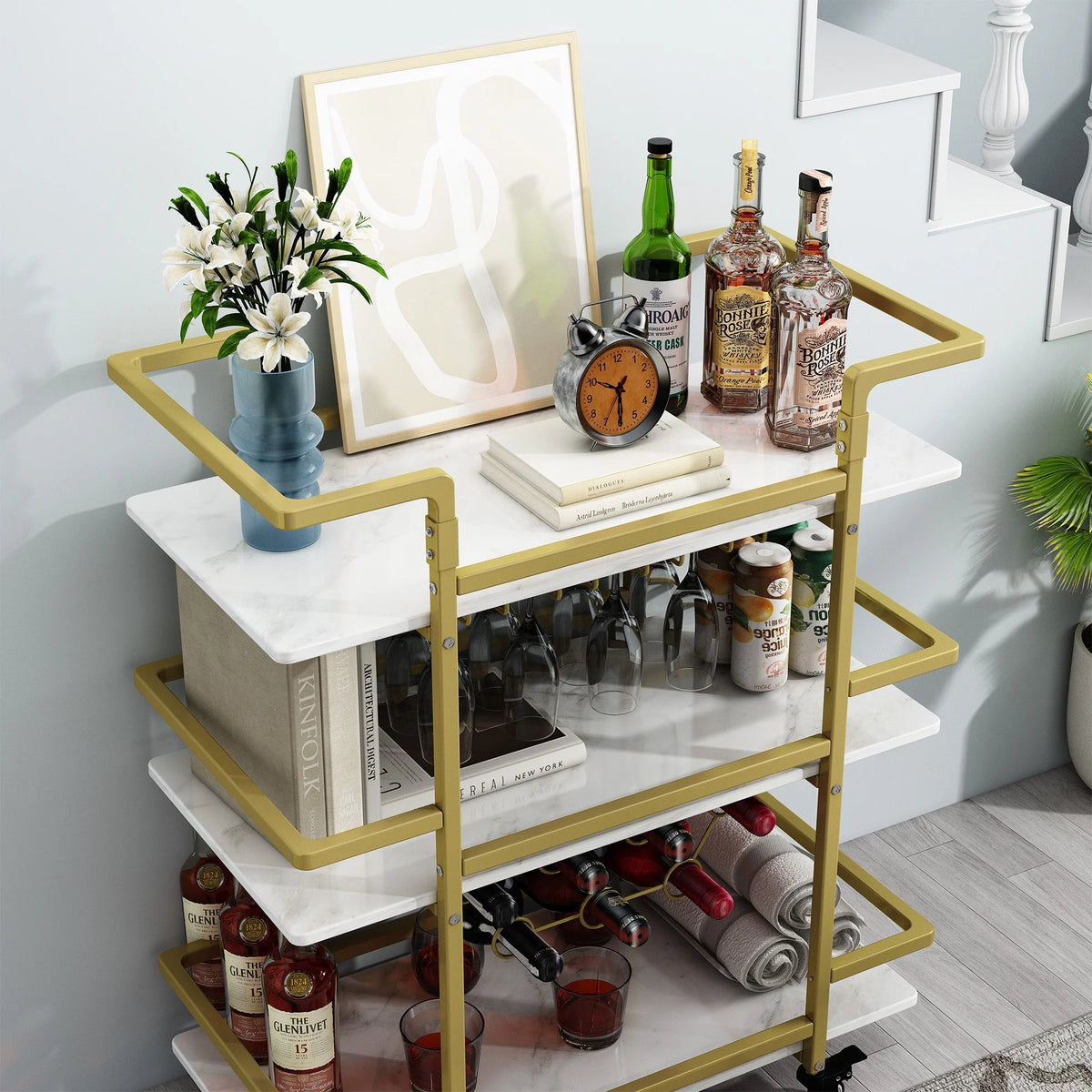 Golden 3-Tier Bar Cart with Wine Rack and Glass Cup Storage W9423