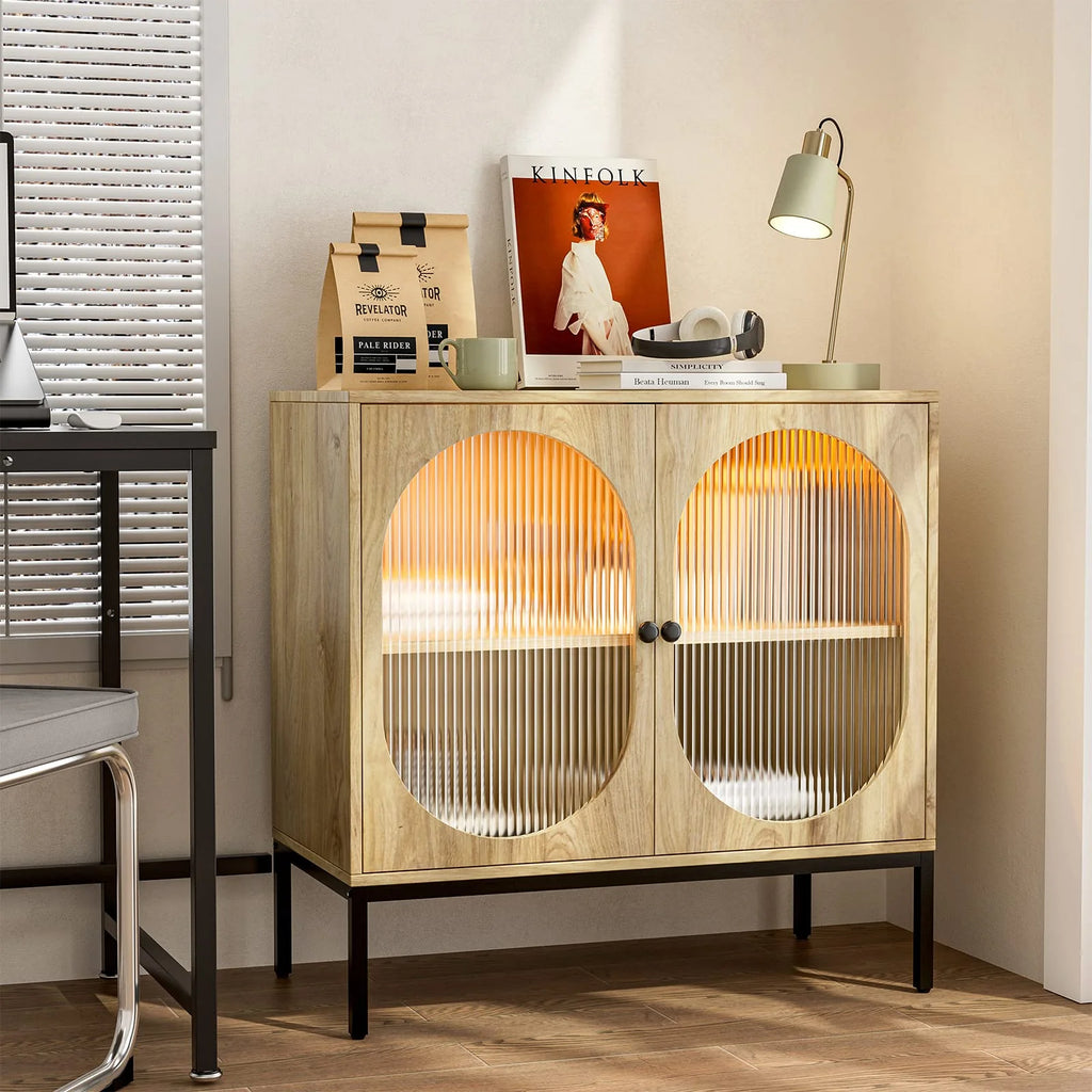 Set of 2 Glass Storage Cabinet with LED Lights and Adjustable Shelves N463