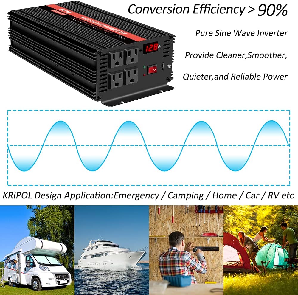 1000 Watt Pure Sine Wave Inverter 12v DC to 110/120v AC with 4 AC and USB Output Q1033