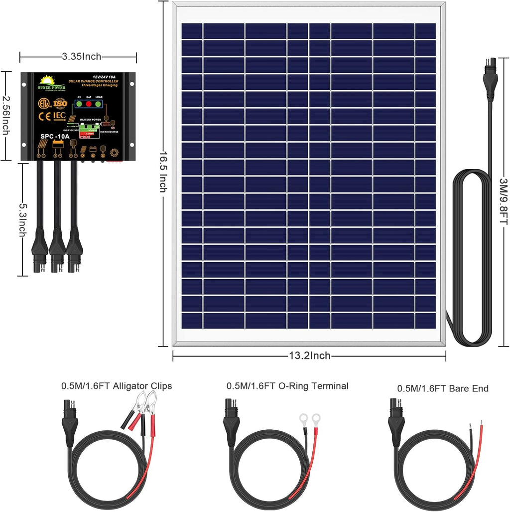 20W Poly Crystalline 12V Solar Panel Kit with 10A Charge Controller and 3-PCS SAE Cable Adapters M9616
